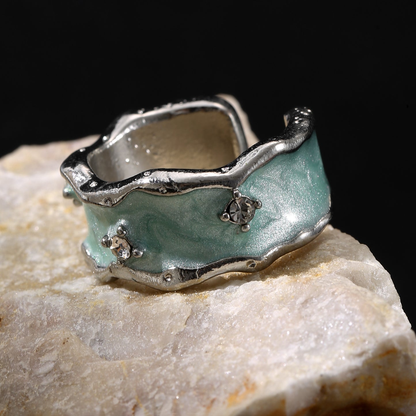LNCHRAN Irregular Enamel Open Ring with Synthetic Zircon Inlay Unisex Jewelry