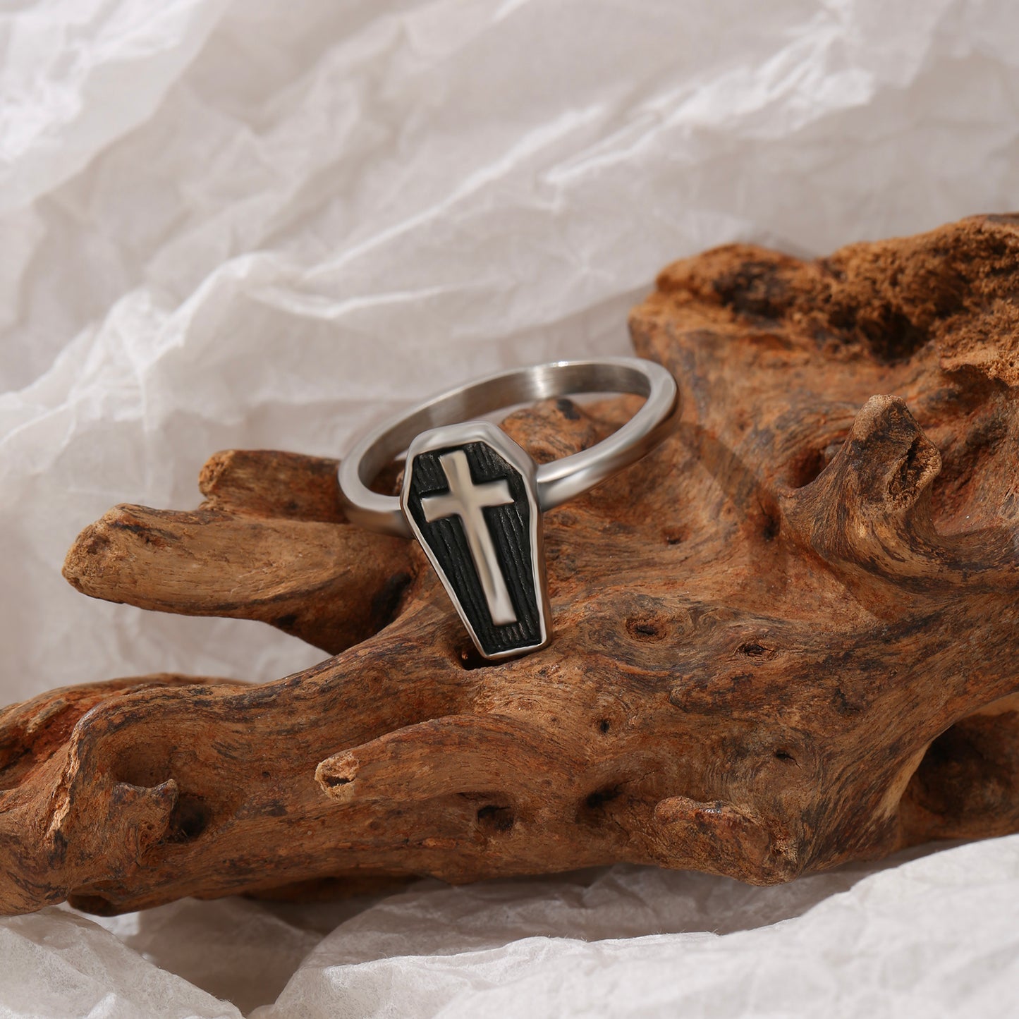 LNCHRAN Stainless Steel Coffin Cross Ring Gothic Unisex Statement Jewelry