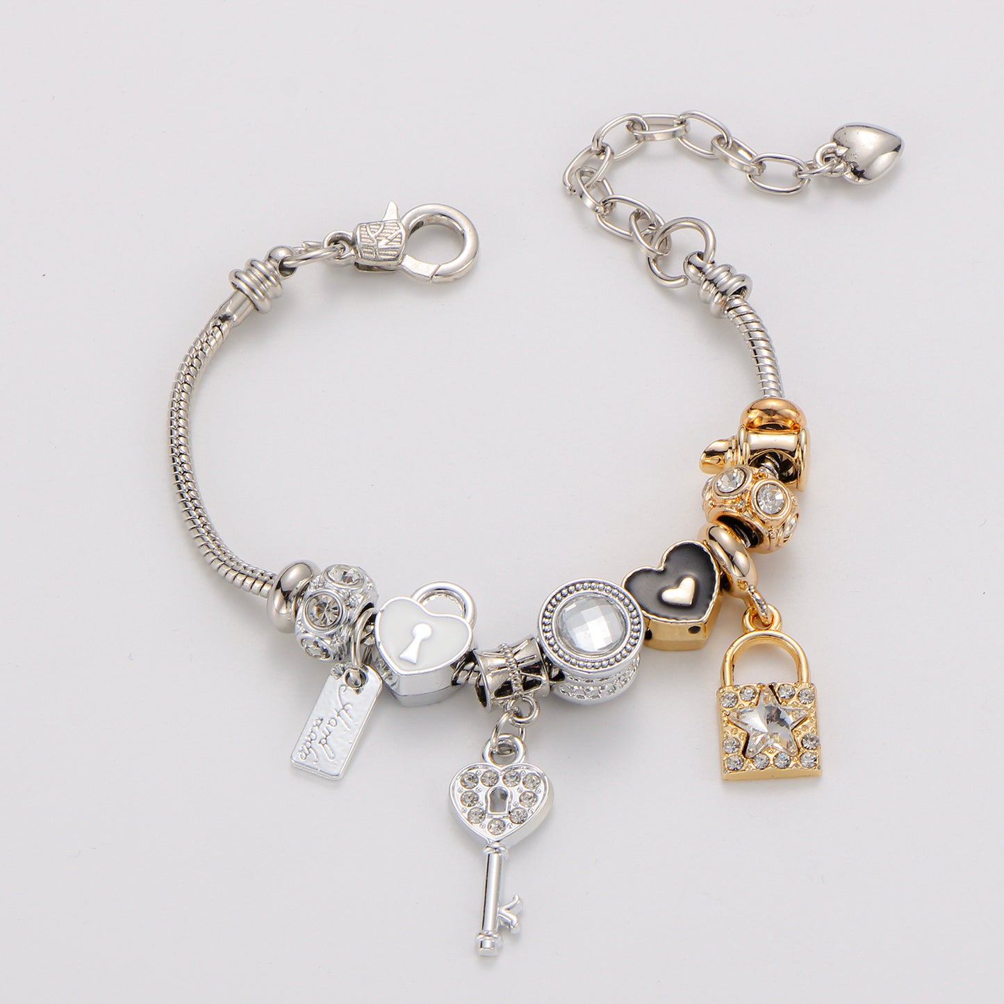 LNCHRAN Two-Tone Charm Bracelet with Lock Key & Heart Synthetic Zircon Beads