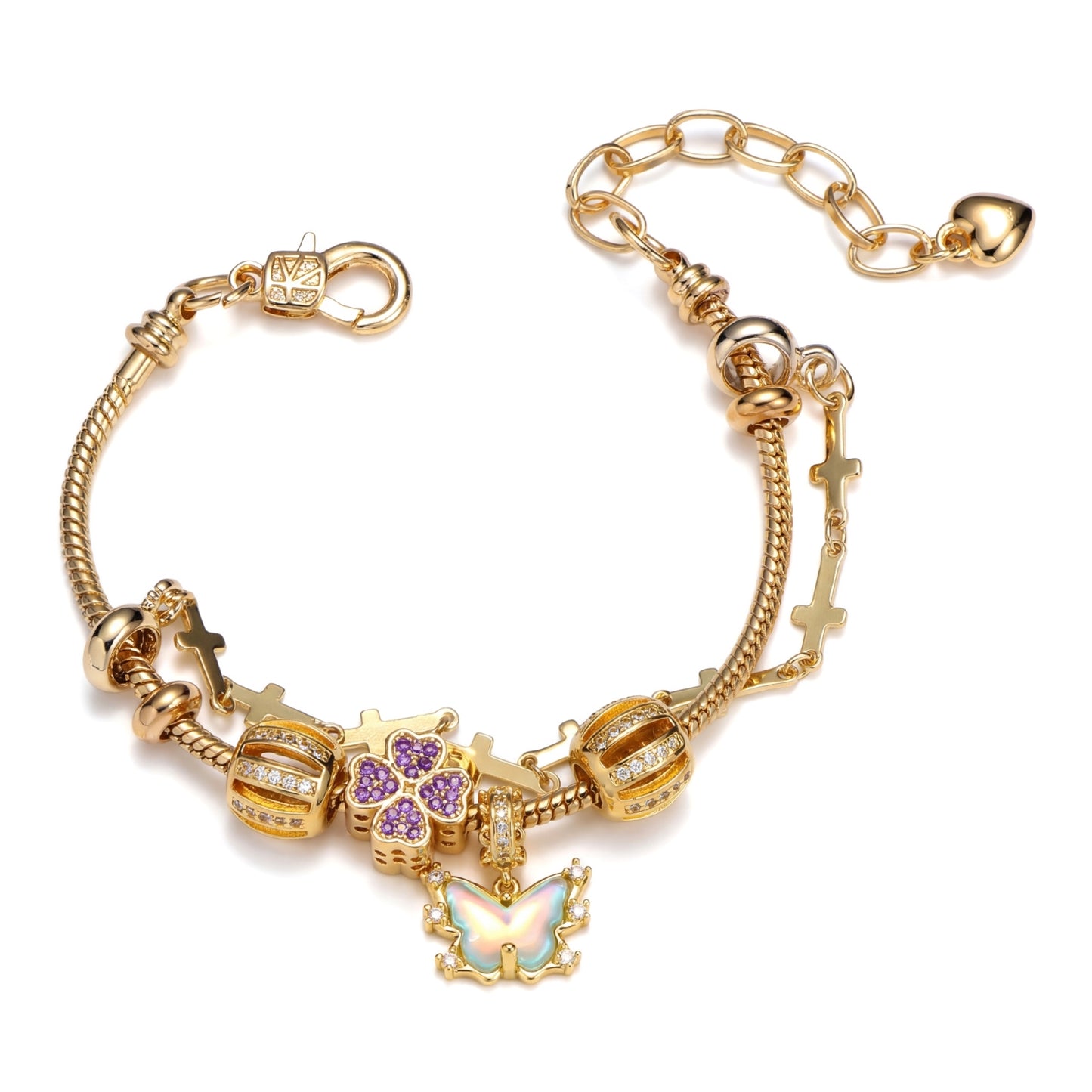 LNCHRAN Golden Plated Butterfly & Clover Charm Bracelet with Cross Chain & Zircon