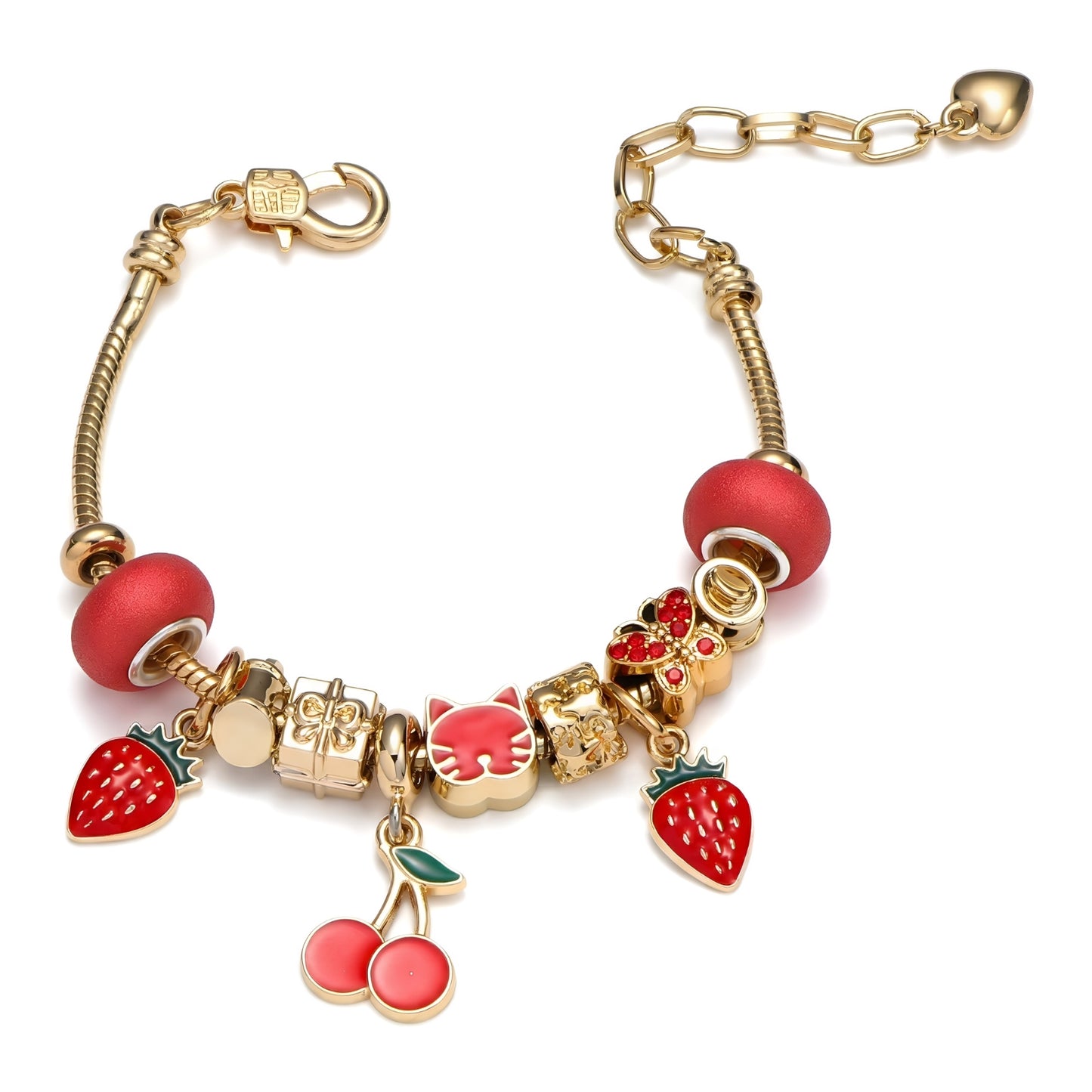 LNCHRAN Golden Plated Charm Bracelet with Strawberry Cherry & Cat Enamel Beads