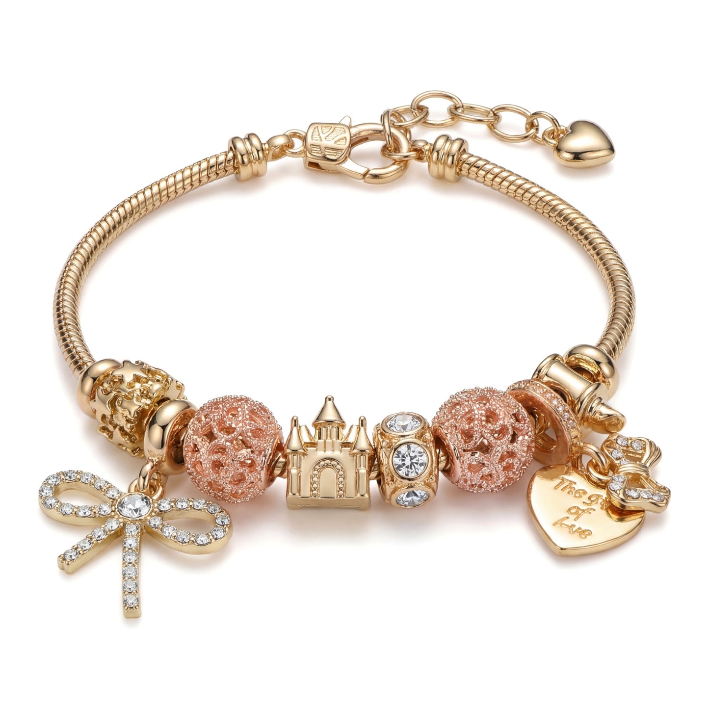 LNCHRAN Golden Plated Fairytale Charm Bracelet with Castle Bow & Heart Synthetic Zircon