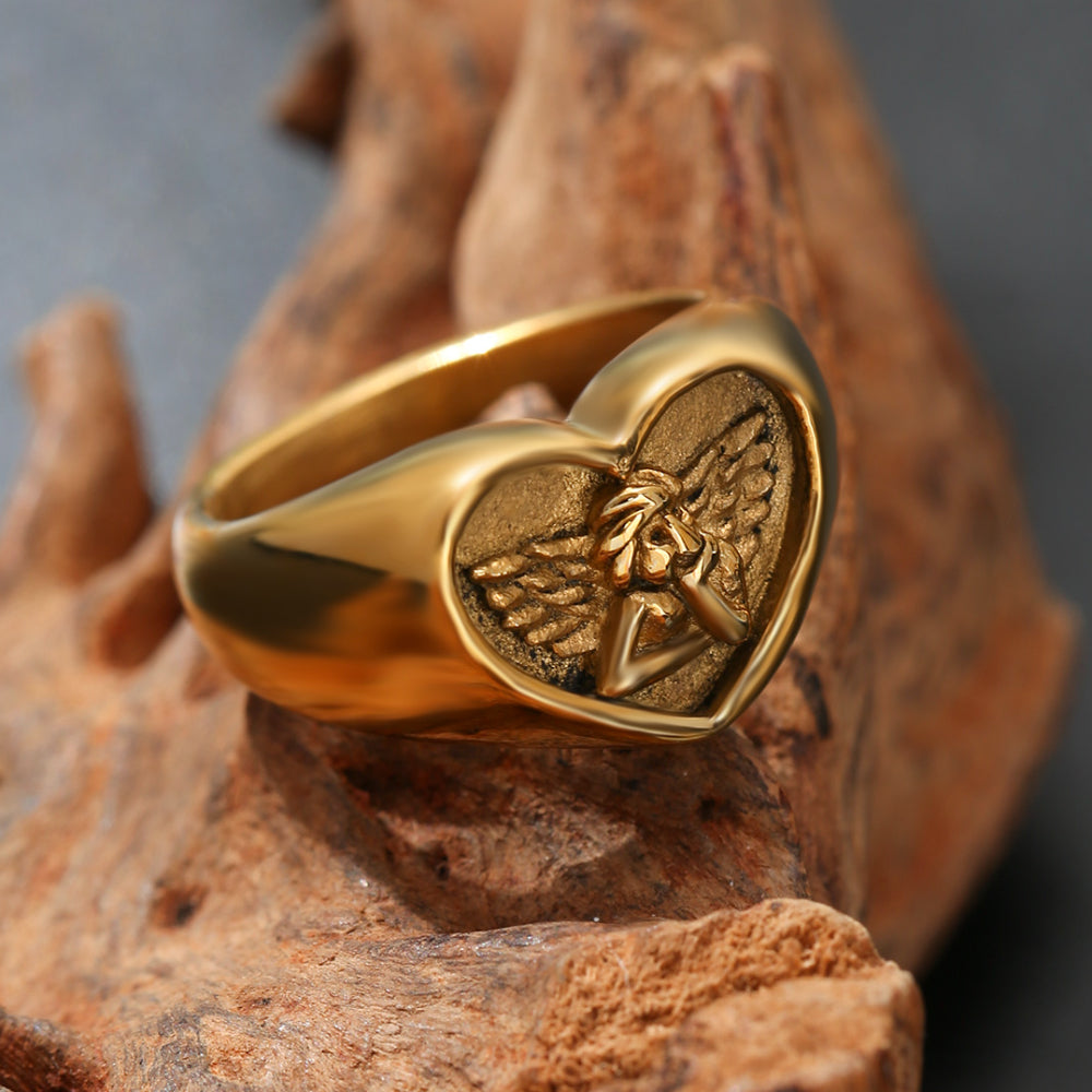 LNCHRAN Golden Plated Angel Heart Signet Ring Unisex Vintage Statement Jewelry
