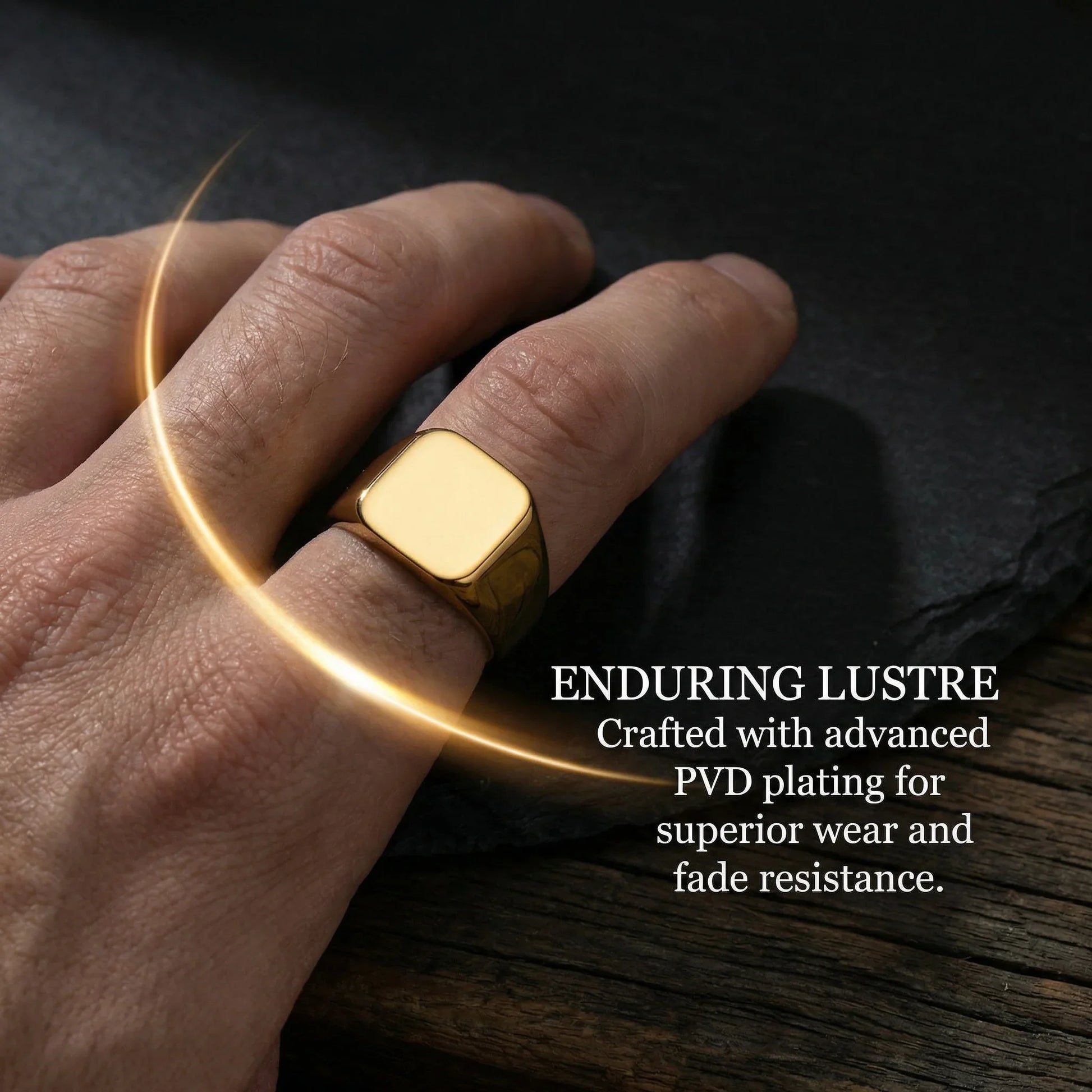 Gold square signet ring on hand, modern minimalist jewelry with PVD plating, black stone background