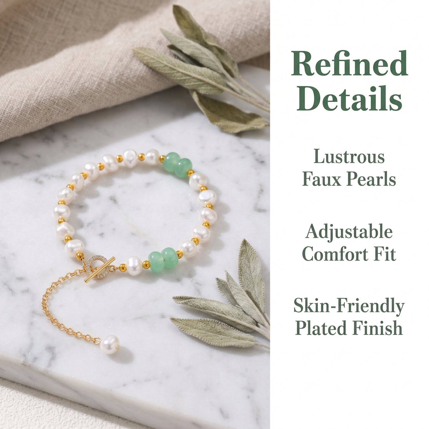LNCHRAN Golden Plated Faux Pearl Bracelet with Green Stone and Synthetic Zircon Toggle