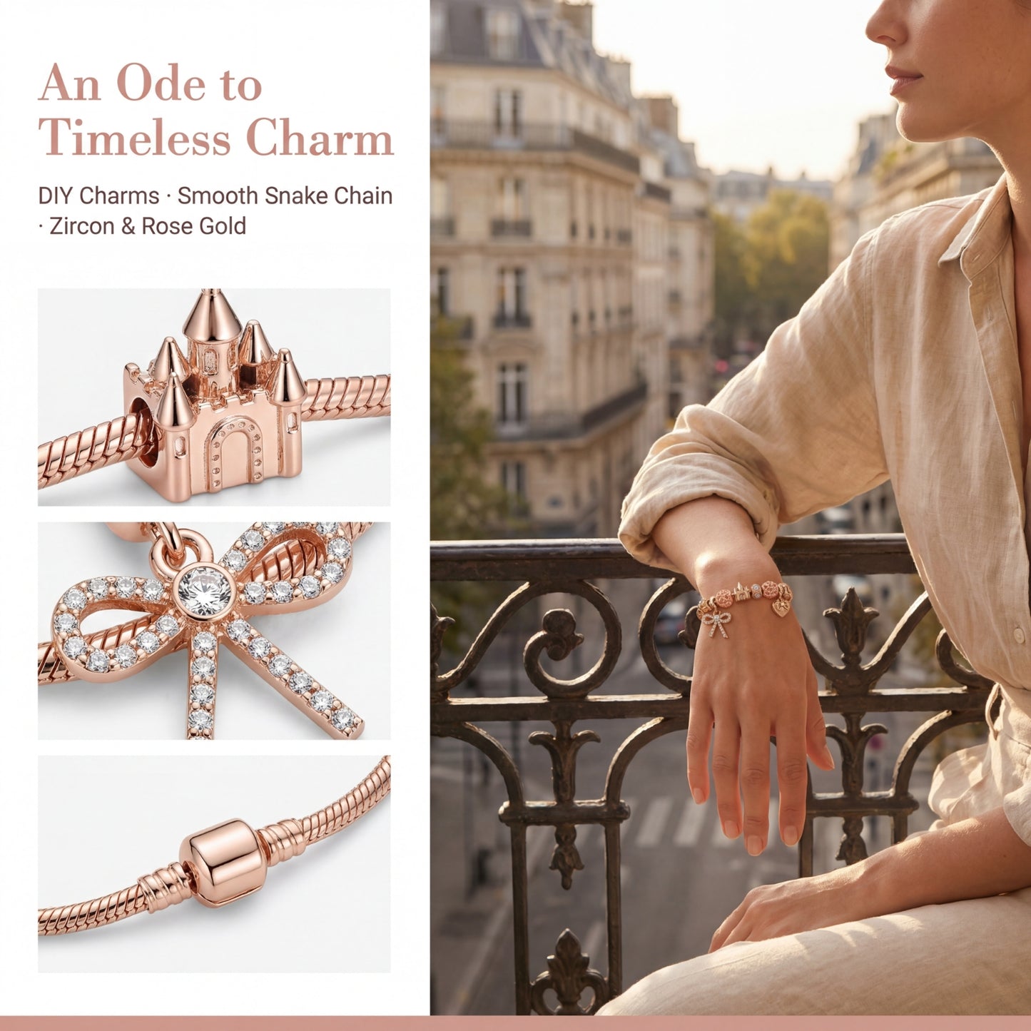 LNCHRAN Golden Plated Fairytale Charm Bracelet with Castle Bow & Heart Synthetic Zircon