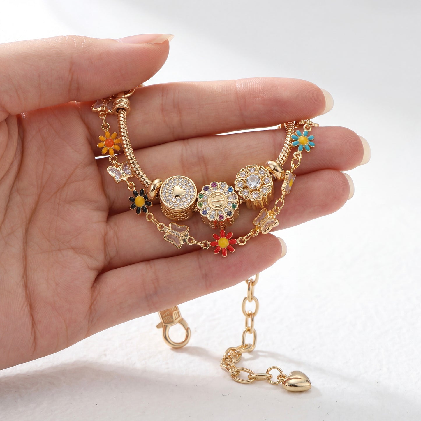 LNCHRAN Golden Plated Daisy & Butterfly Charm Bracelet with Colorful Enamel & Zircon