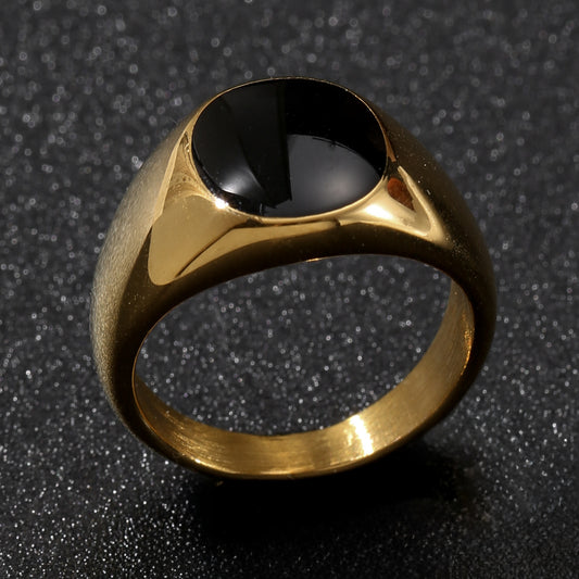 NCHRAN Unisex Round Black Enamel Signet Ring in Stainless Steel
