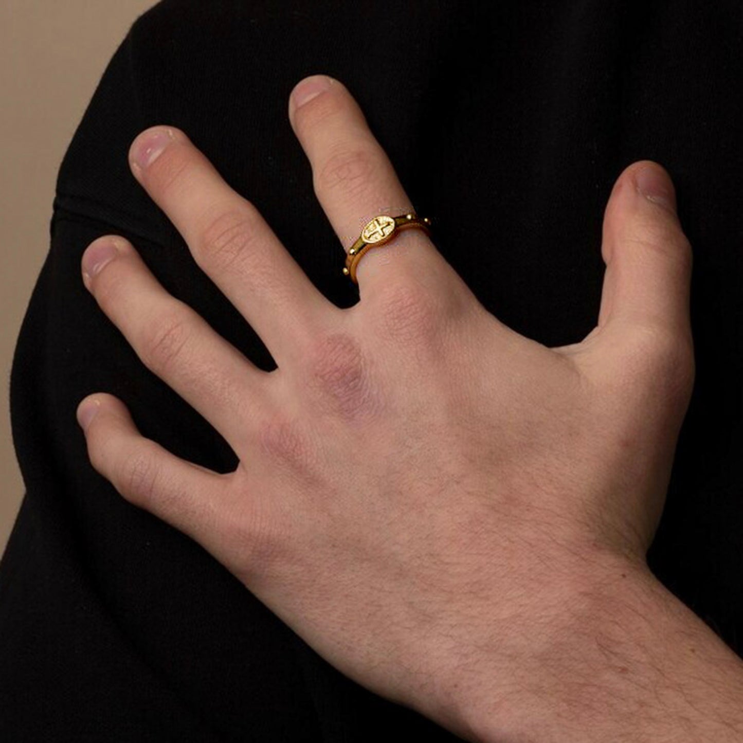 LNCHRAN Golden Plated Rosary Cross Ring Unisex Christian Prayer Jewelry
