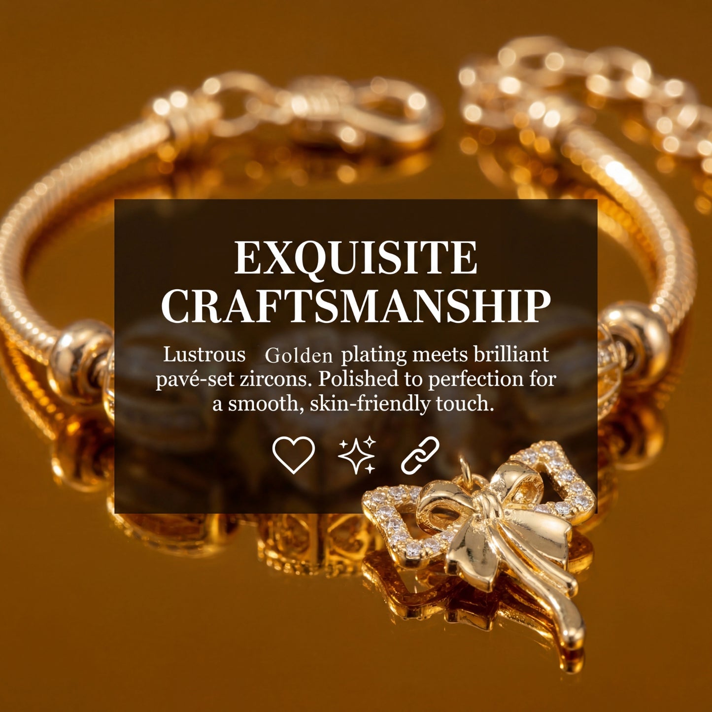 LNCHRAN Golden Plated Charm Bracelet with Heart & Bow Synthetic Zircon Beads