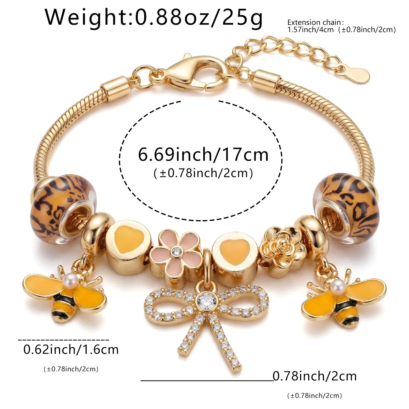 Gold charm bracelet with leopard print beads, bee, bow, and flower pendants, 17cm length