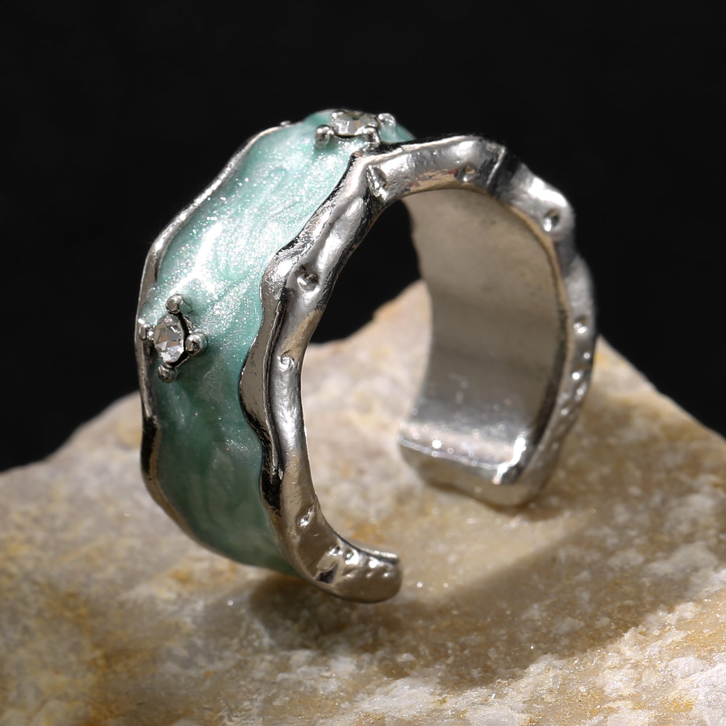 LNCHRAN Irregular Enamel Open Ring with Synthetic Zircon Inlay Unisex Jewelry