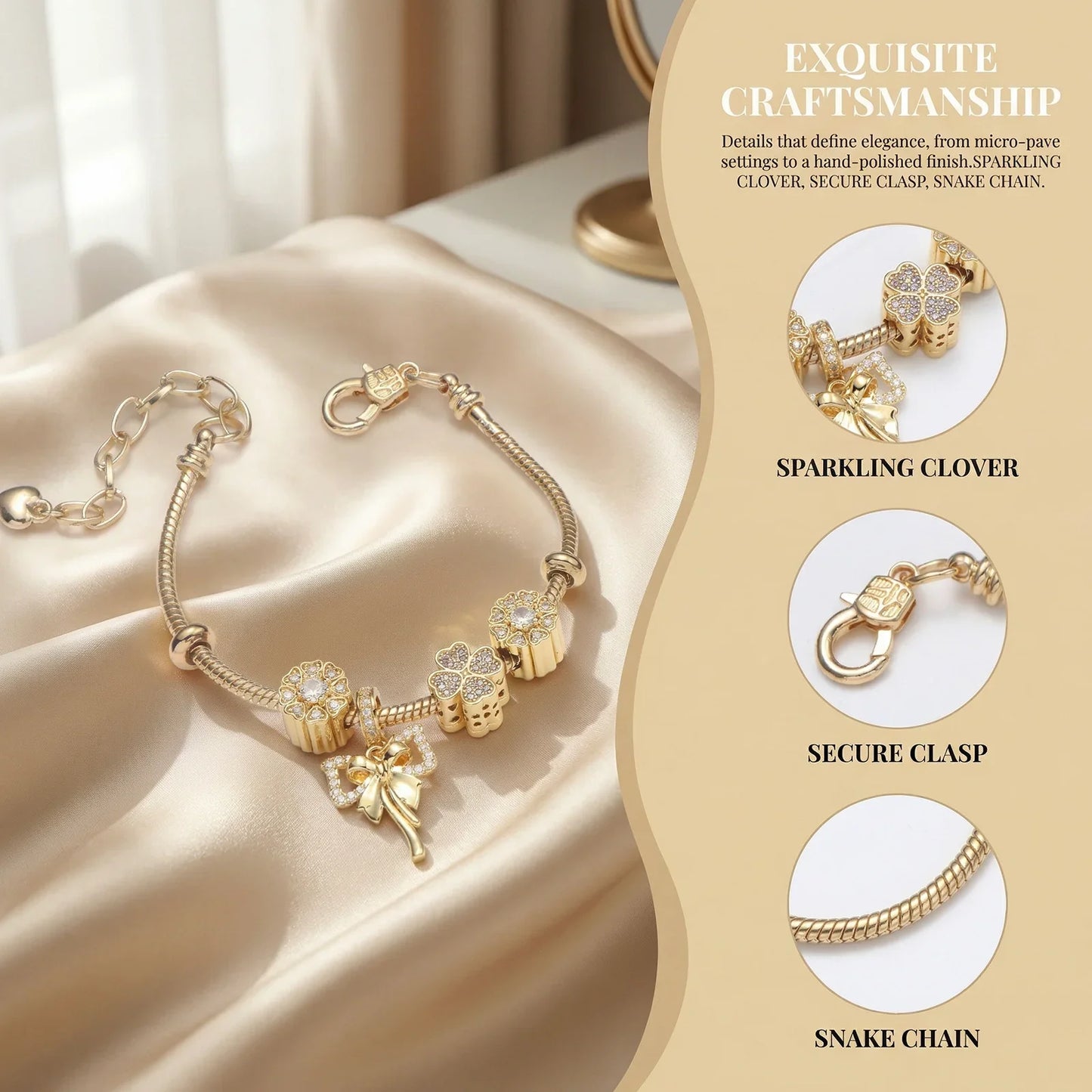 Gold bracelet with sparkling clover charms, secure clasp, and snake chain on satin fabric.