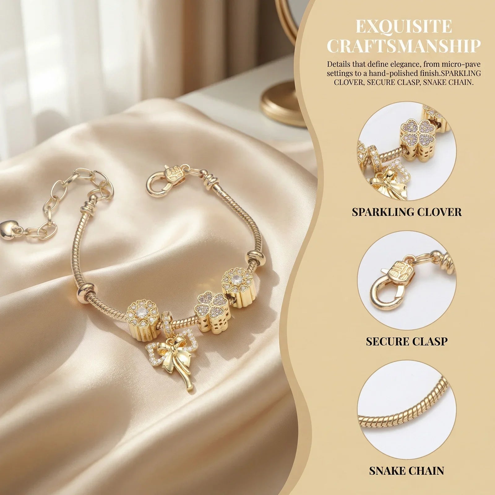 Gold bracelet with sparkling clover charms, secure clasp, and snake chain on satin fabric.