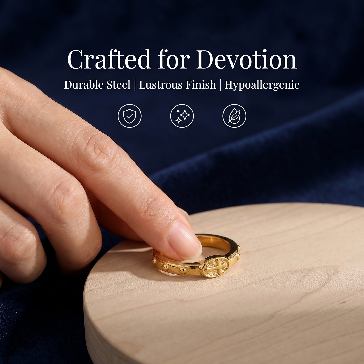 LNCHRAN Golden Plated Rosary Cross Ring Unisex Christian Prayer Jewelry