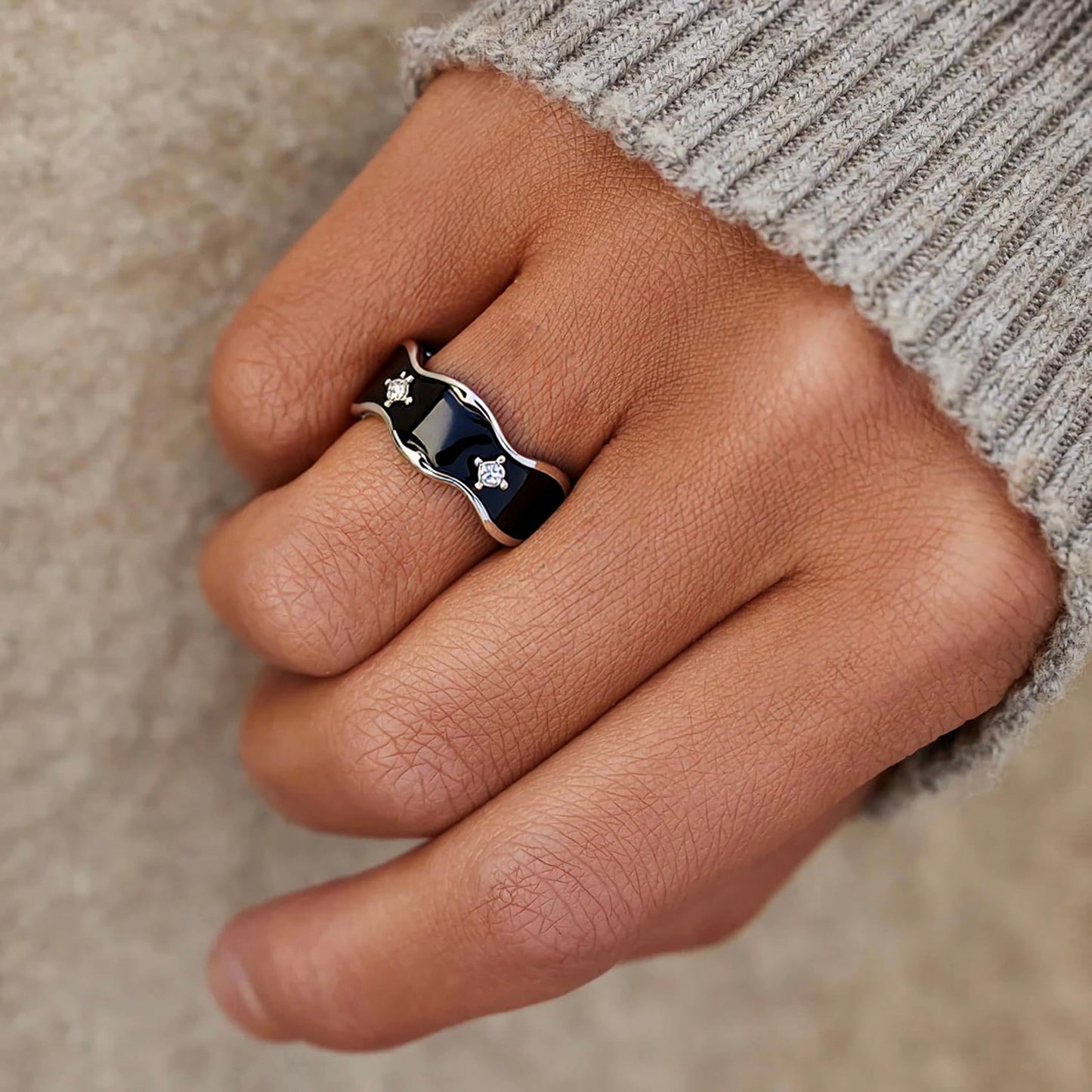 LNCHRAN Irregular Enamel Open Ring with Synthetic Zircon Inlay Unisex Jewelry