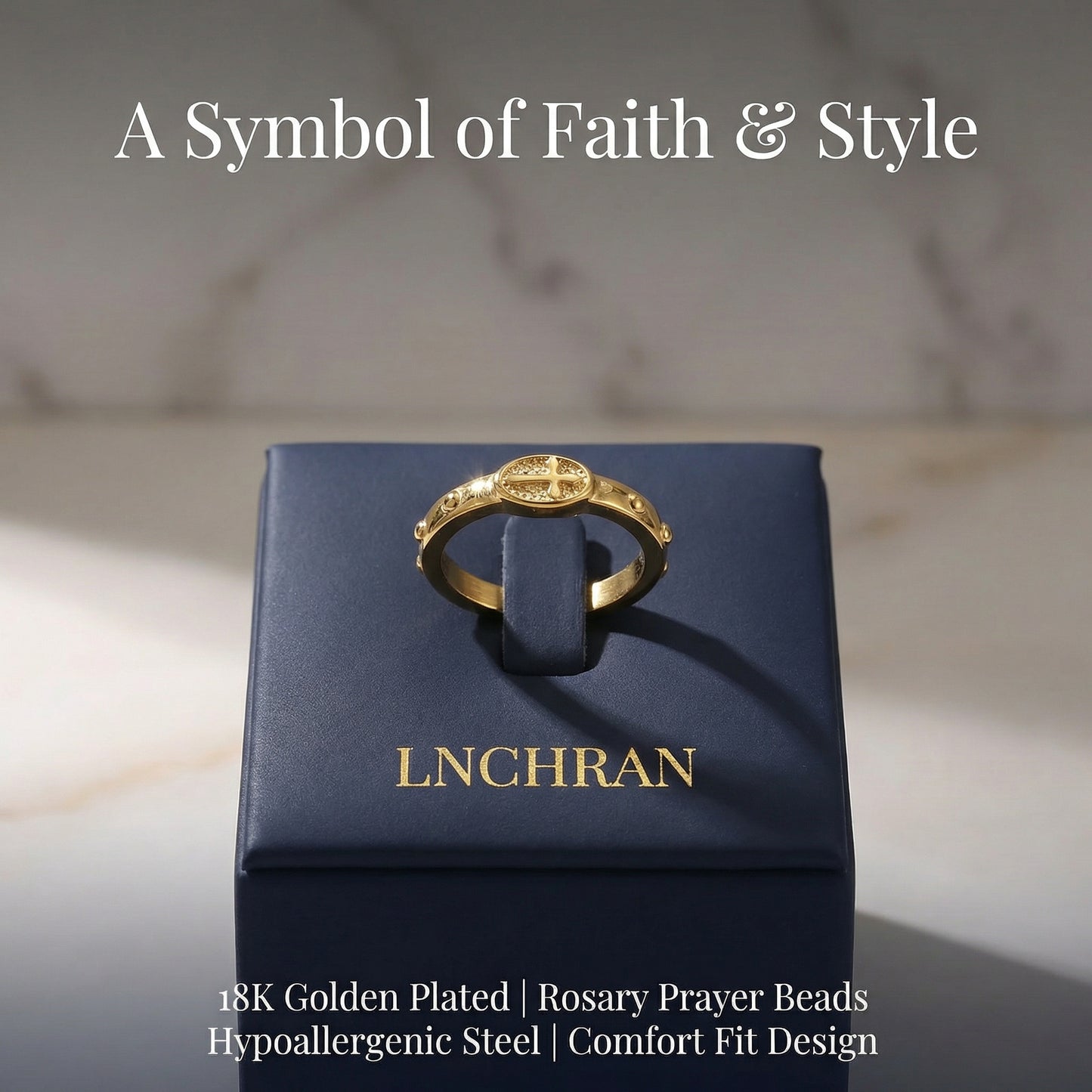 LNCHRAN Golden Plated Rosary Cross Ring Unisex Christian Prayer Jewelry