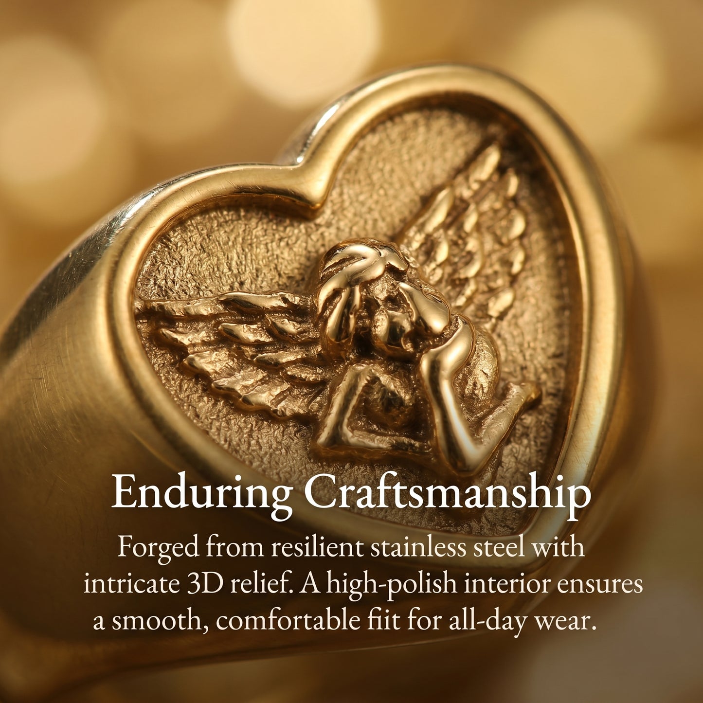 LNCHRAN Golden Plated Angel Heart Signet Ring Unisex Vintage Statement Jewelry