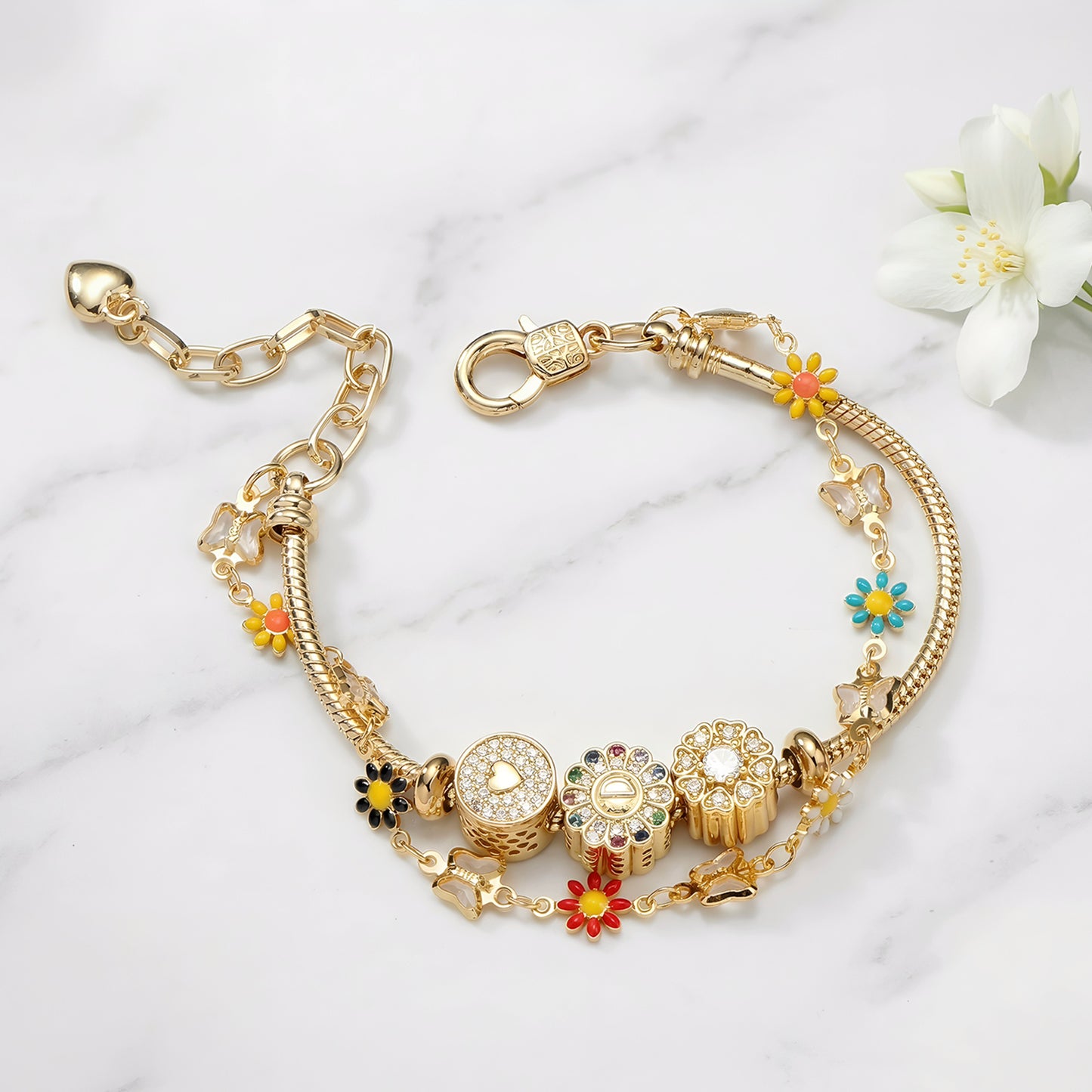 LNCHRAN Golden Plated Daisy & Butterfly Charm Bracelet with Colorful Enamel & Zircon
