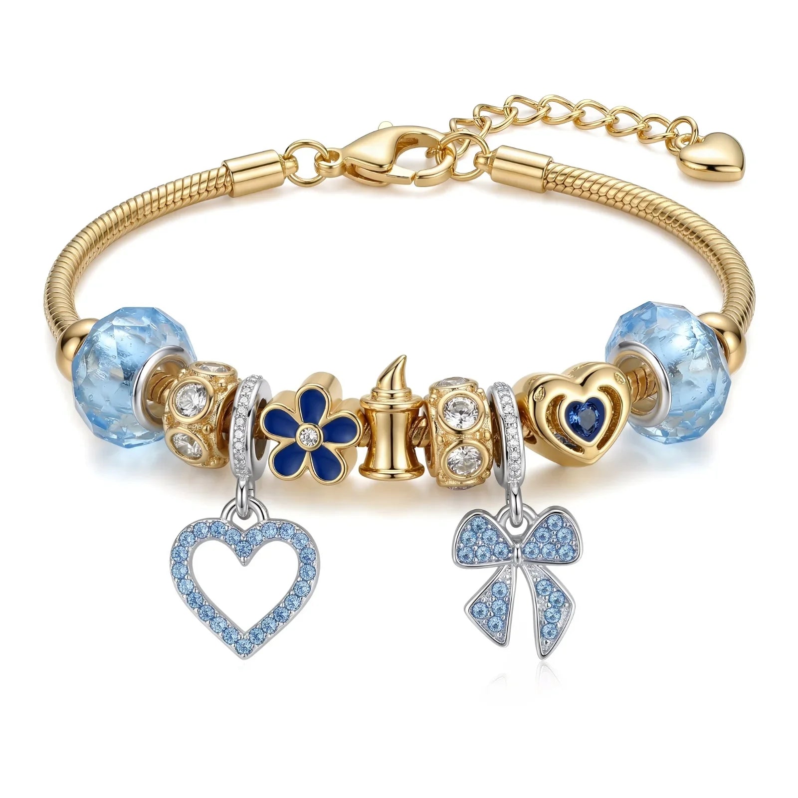 Gold charm bracelet with blue crystal beads, heart, bow, and flower pendants