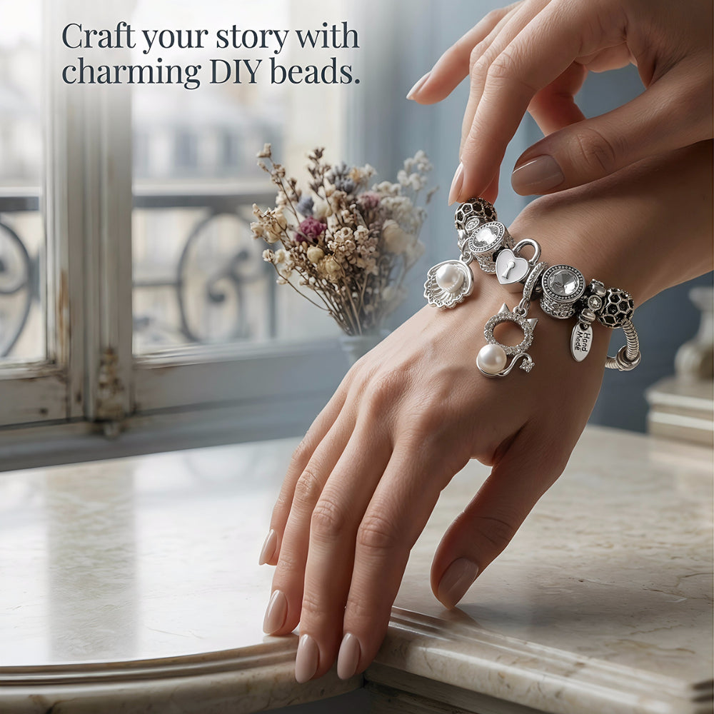 LNCHRAN Silvery Plated Charm Bracelet with Shell Cat & Lock Synthetic Pearl & Zircon