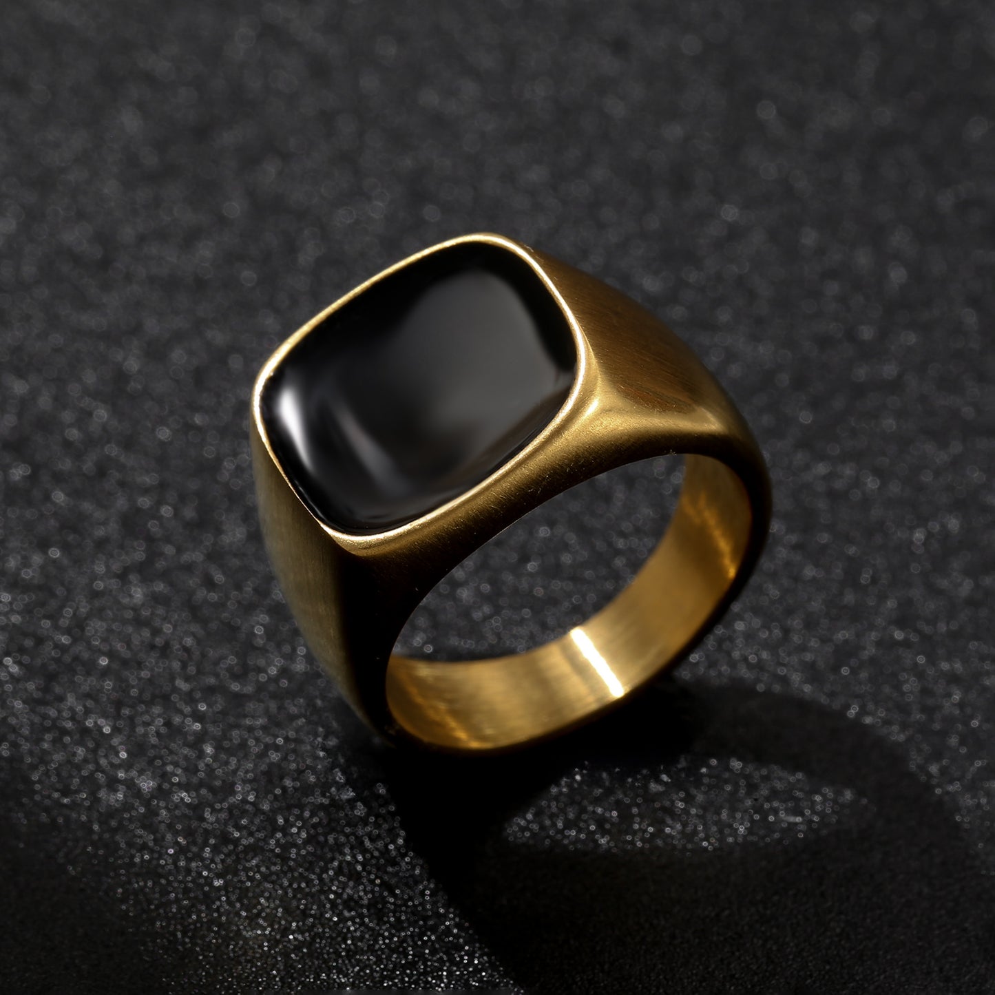 LNCHRAN Unisex Black Enamel Signet Ring in Stainless Steel Minimalist Jewelry