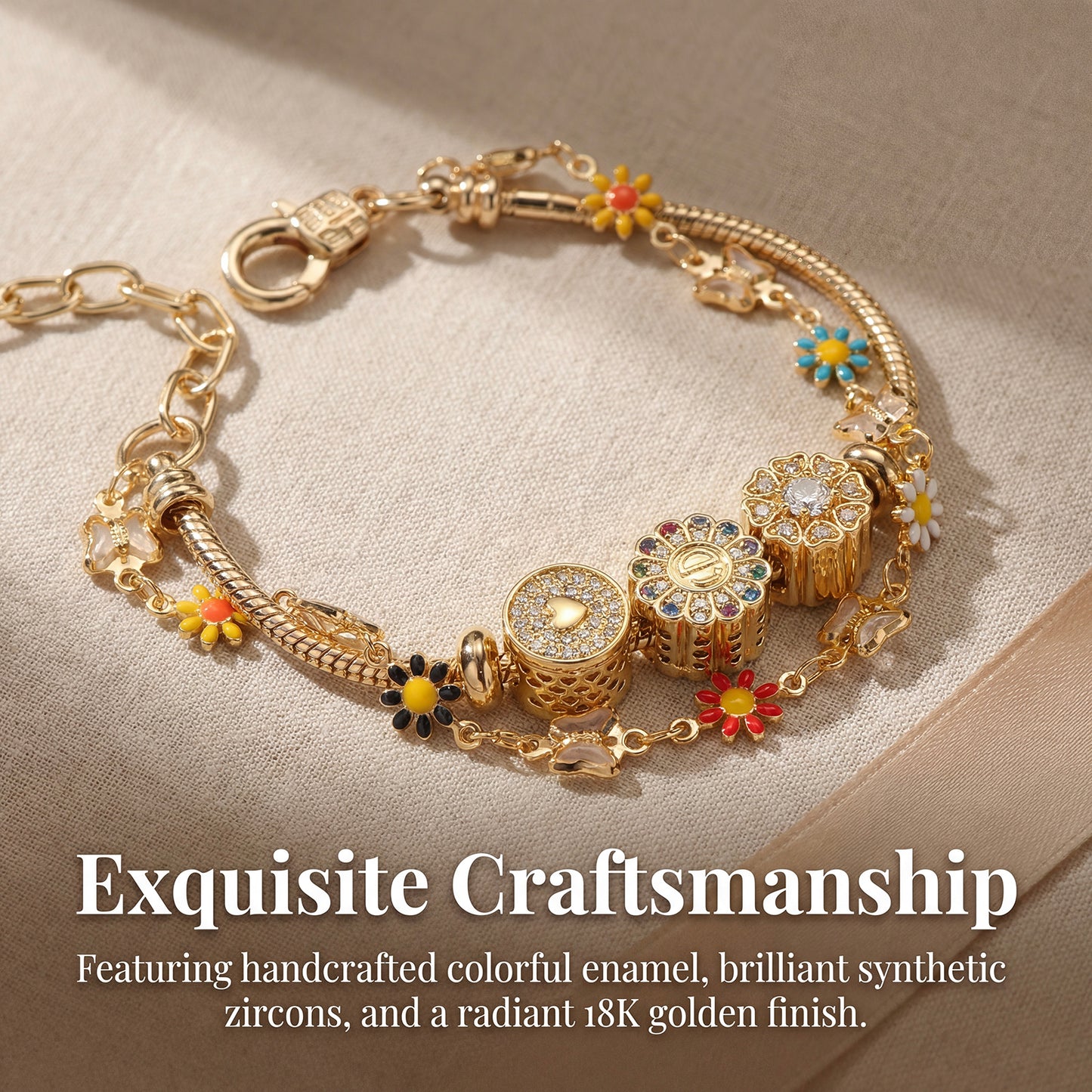 LNCHRAN Golden Plated Daisy & Butterfly Charm Bracelet with Colorful Enamel & Zircon
