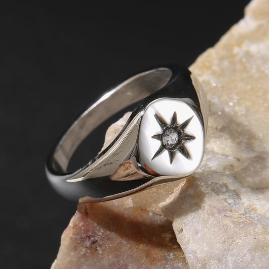 LNCHRAN Stainless Steel North Star Signet Ring with Synthetic Zircon Inlay
