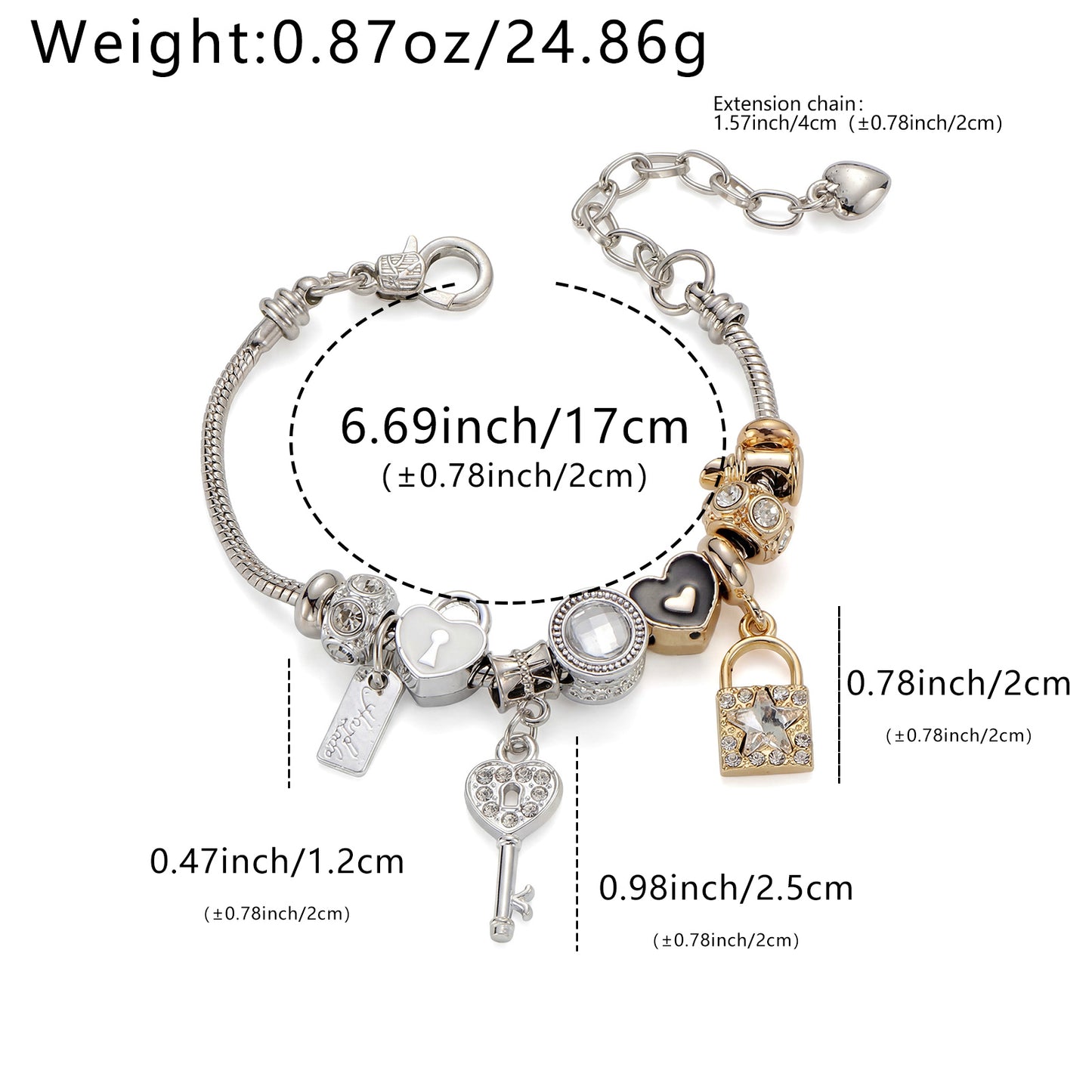 LNCHRAN Two-Tone Charm Bracelet with Lock Key & Heart Synthetic Zircon Beads