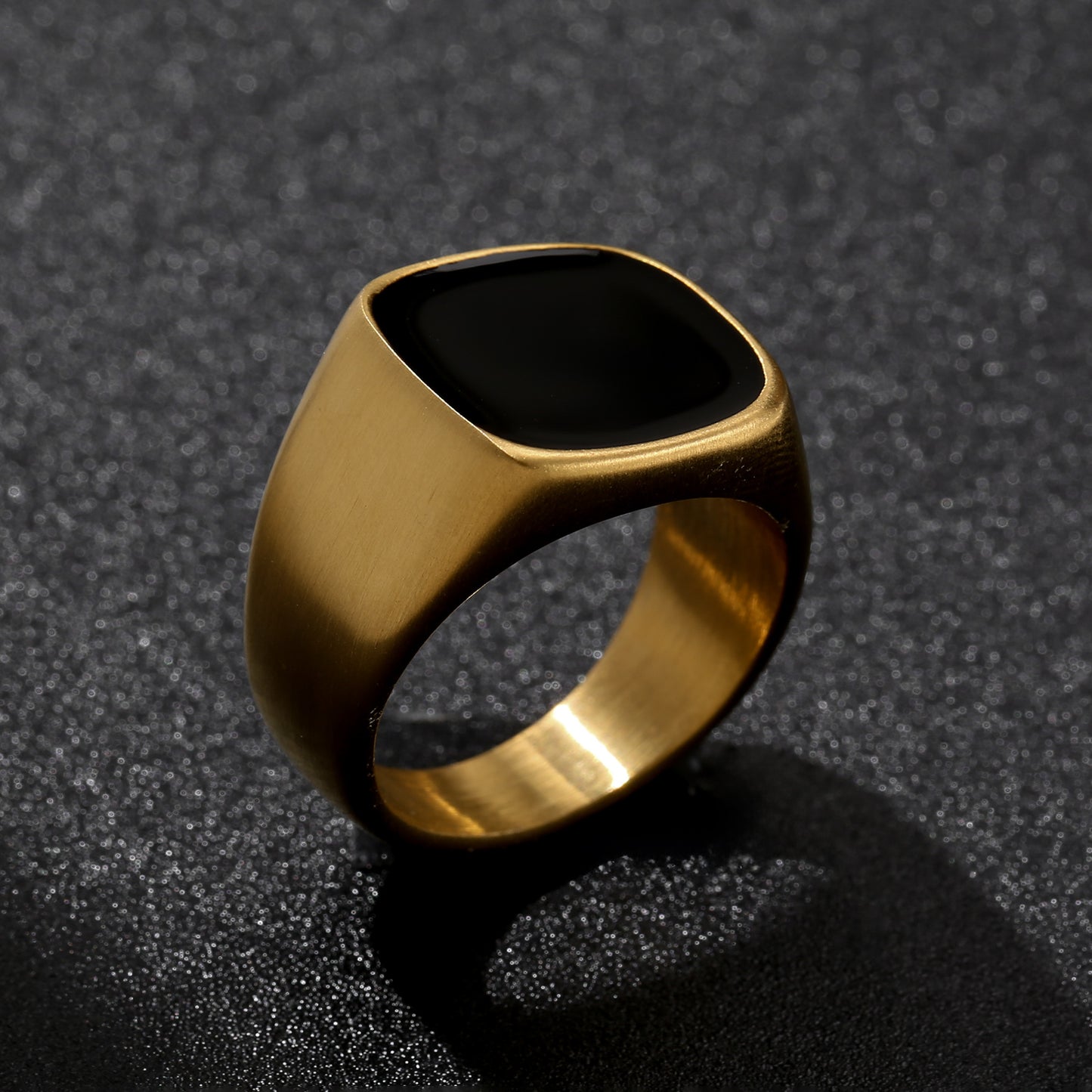 LNCHRAN Unisex Black Enamel Signet Ring in Stainless Steel Minimalist Jewelry