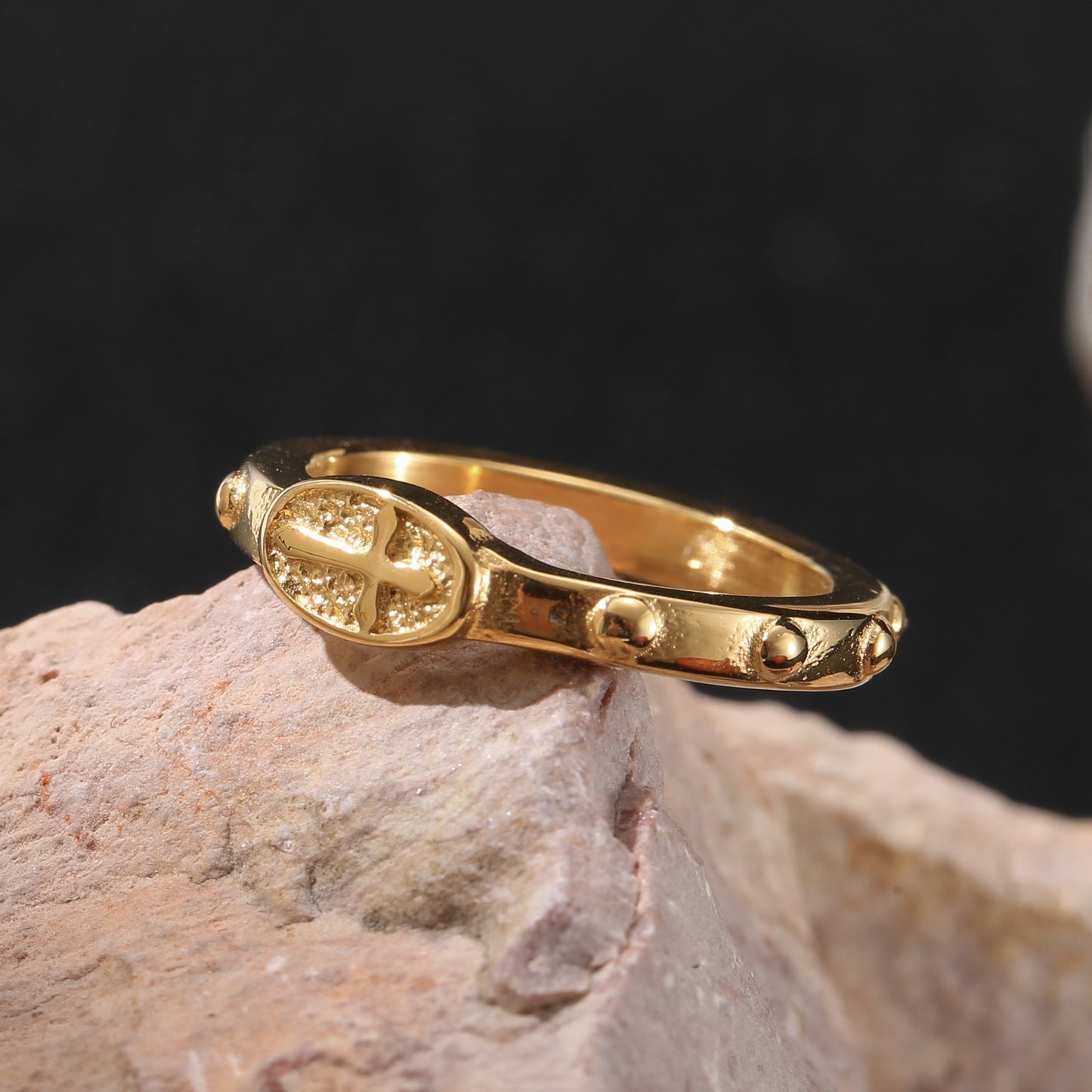 LNCHRAN Golden Plated Rosary Cross Ring Unisex Christian Prayer Jewelry