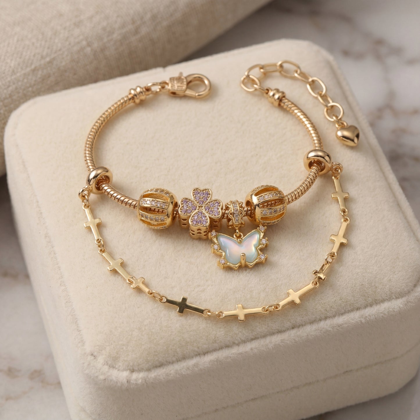 LNCHRAN Golden Plated Butterfly & Clover Charm Bracelet with Cross Chain & Zircon