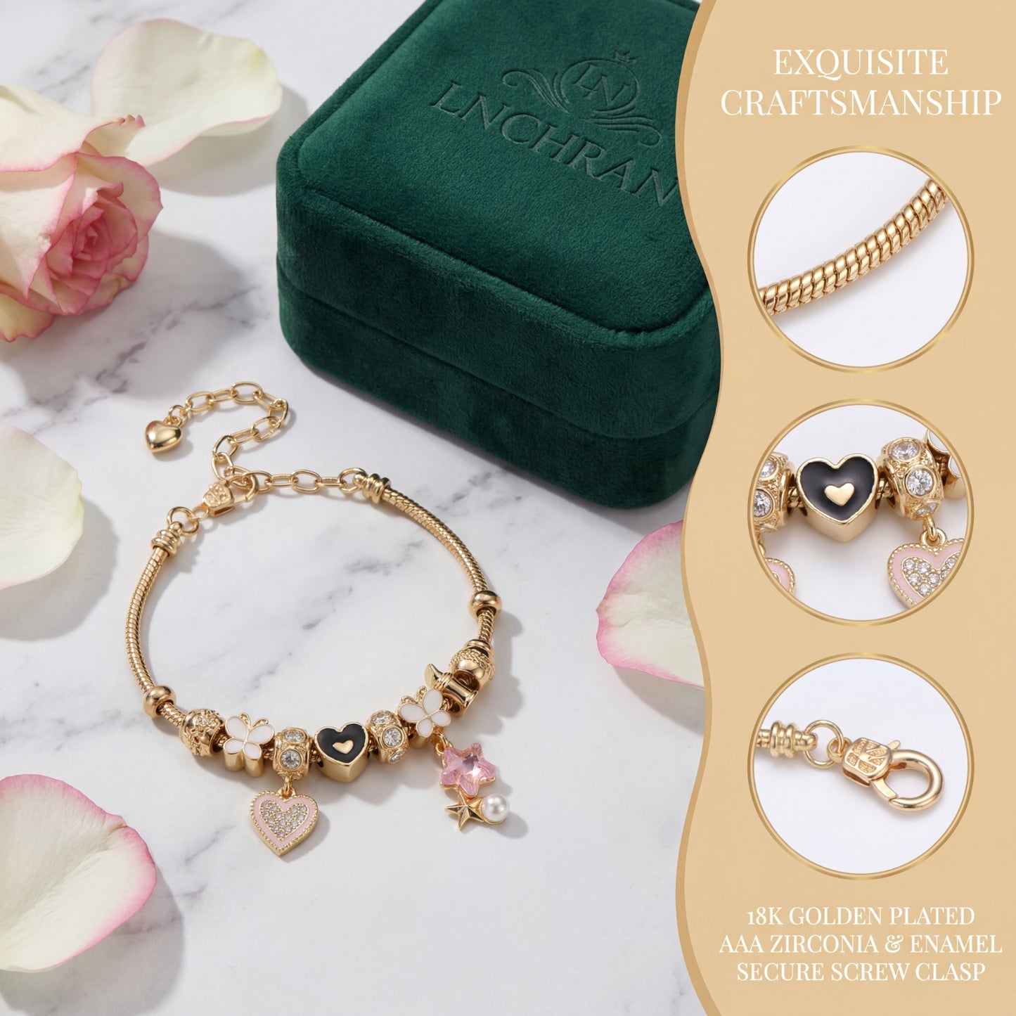 LNCHRAN Golden Plated Charm Bracelet with Heart Clover & Pink Star Synthetic Zircon