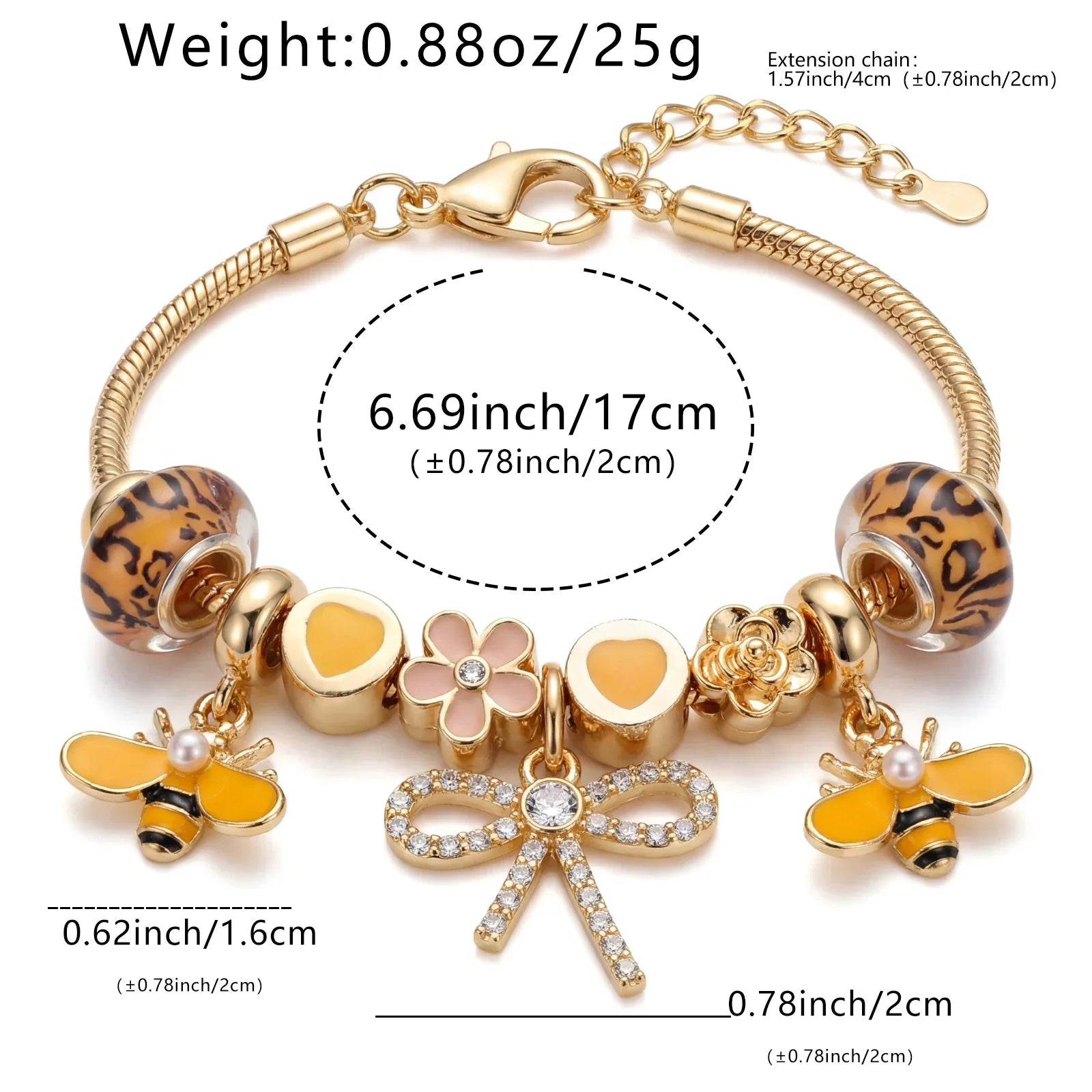 Gold charm bracelet with bee, bow, flower, heart, and leopard print beads, adjustable fit.