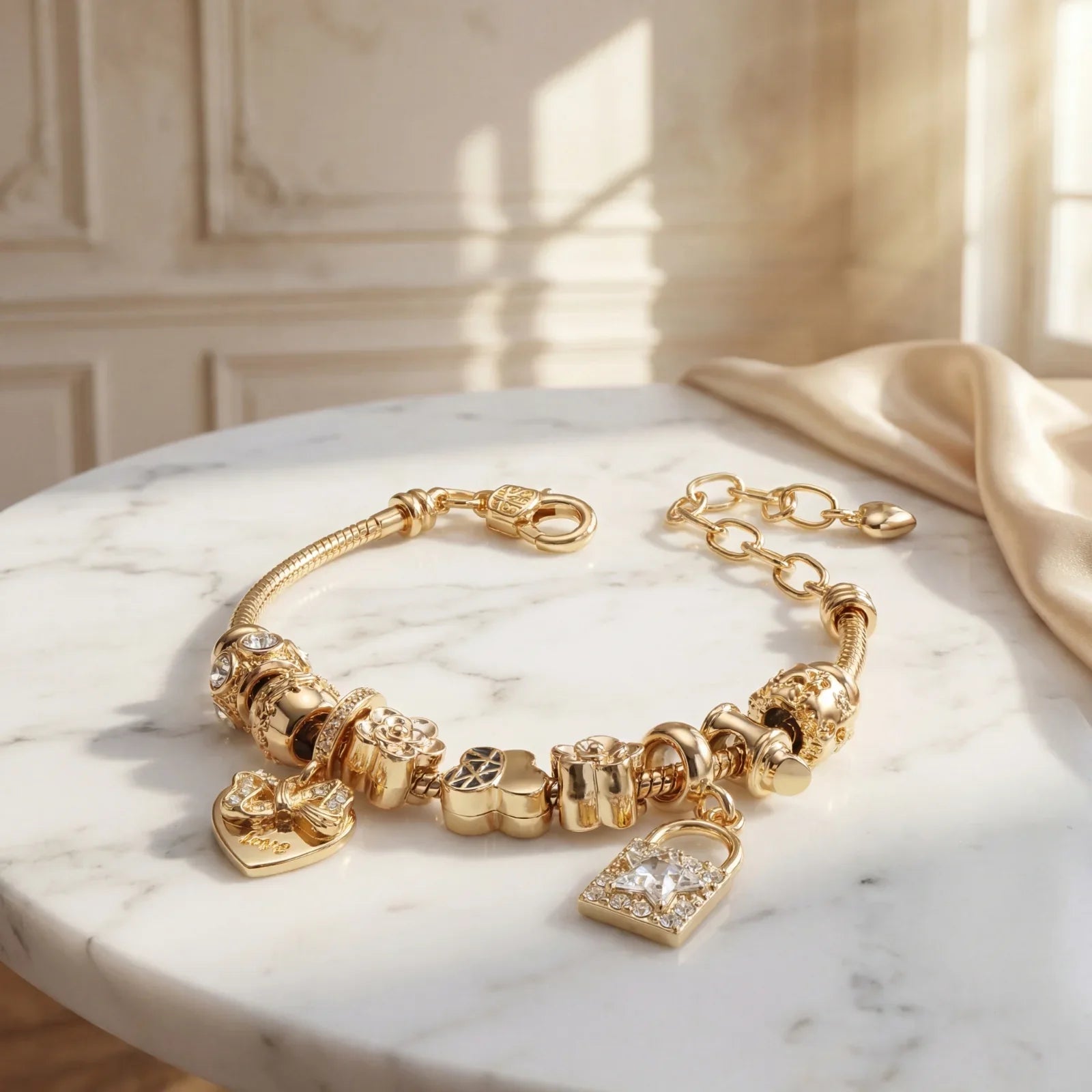 Gold charm bracelet with heart and lock pendants on marble table in elegant sunlit room