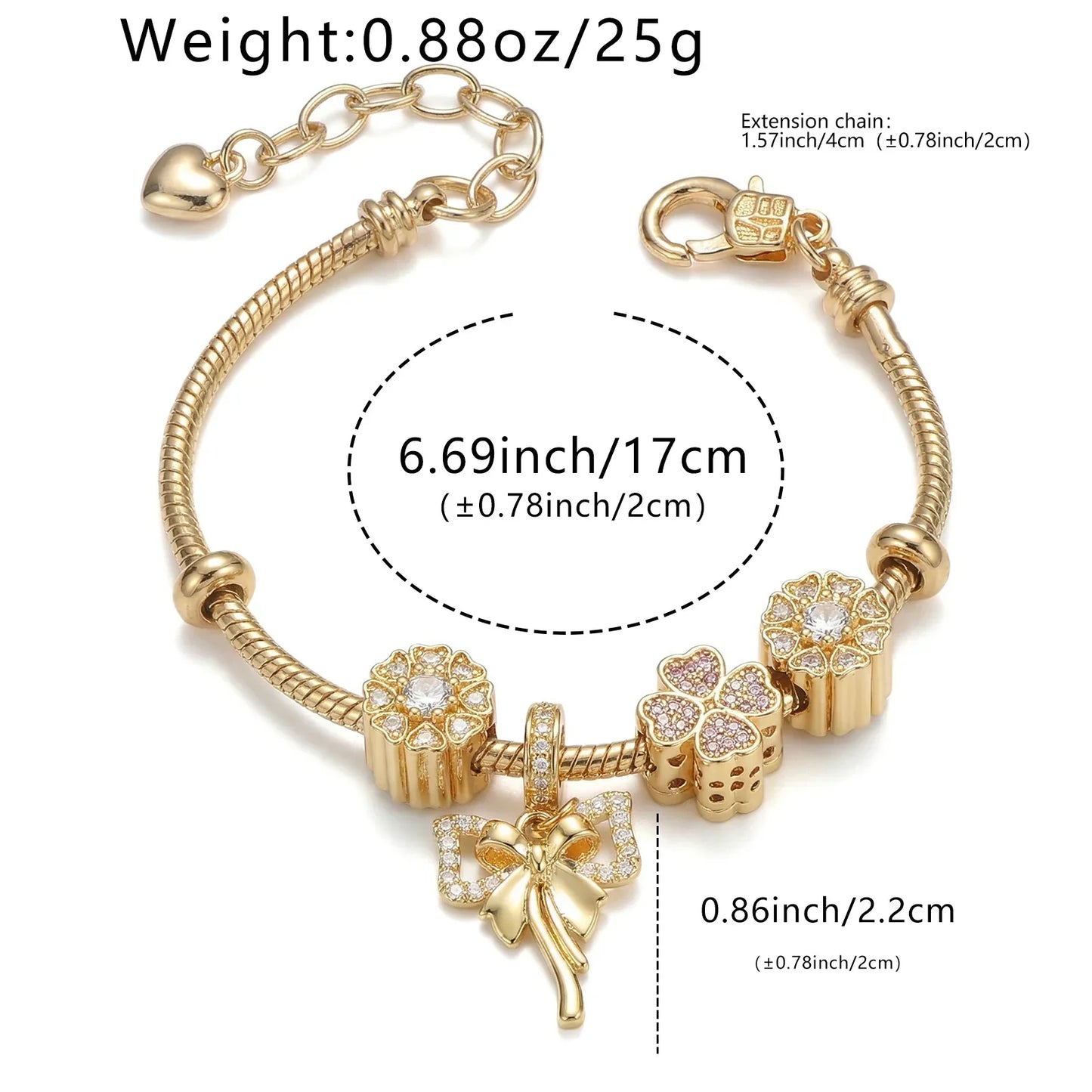 Gold charm bracelet with flower and bow pendants, measurements and extension chain details shown.