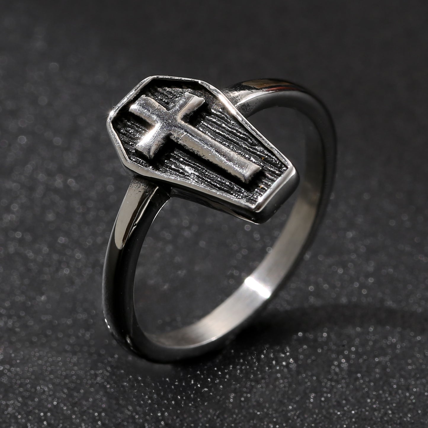 LNCHRAN Stainless Steel Coffin Cross Ring Gothic Unisex Statement Jewelry