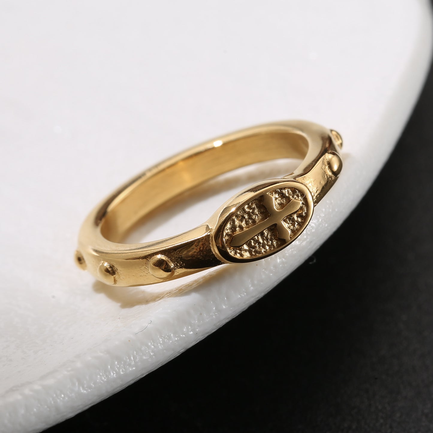 LNCHRAN Golden Plated Rosary Cross Ring Unisex Christian Prayer Jewelry
