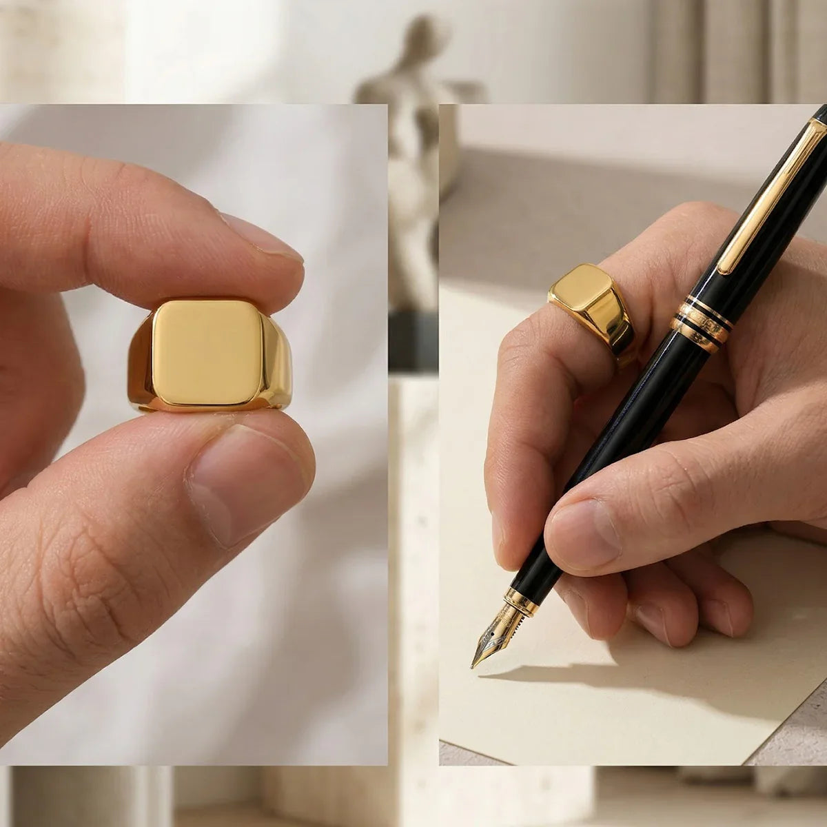 Minimalist gold square signet ring for men, modern jewelry accessory, close-up hand detail