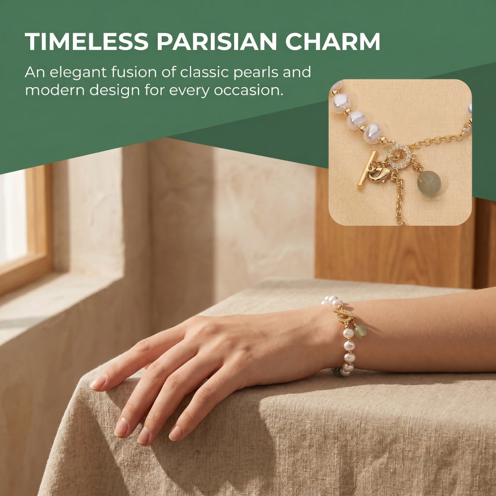 LNCHRAN Golden Plated Faux Pearl Bracelet with Green Stone and Synthetic Zircon Toggle