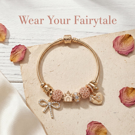LNCHRAN Golden Plated Fairytale Charm Bracelet with Castle Bow & Heart Synthetic Zircon