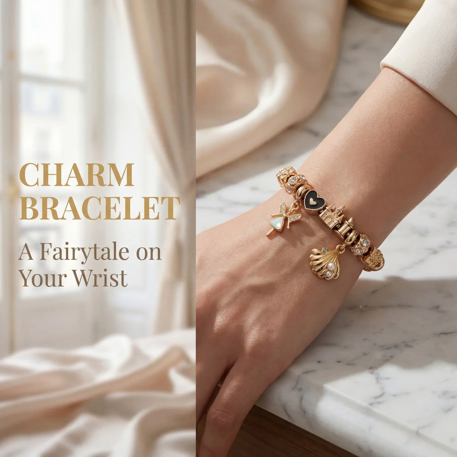 Gold fairytale charm bracelet with heart, shell, and castle charms on woman’s wrist