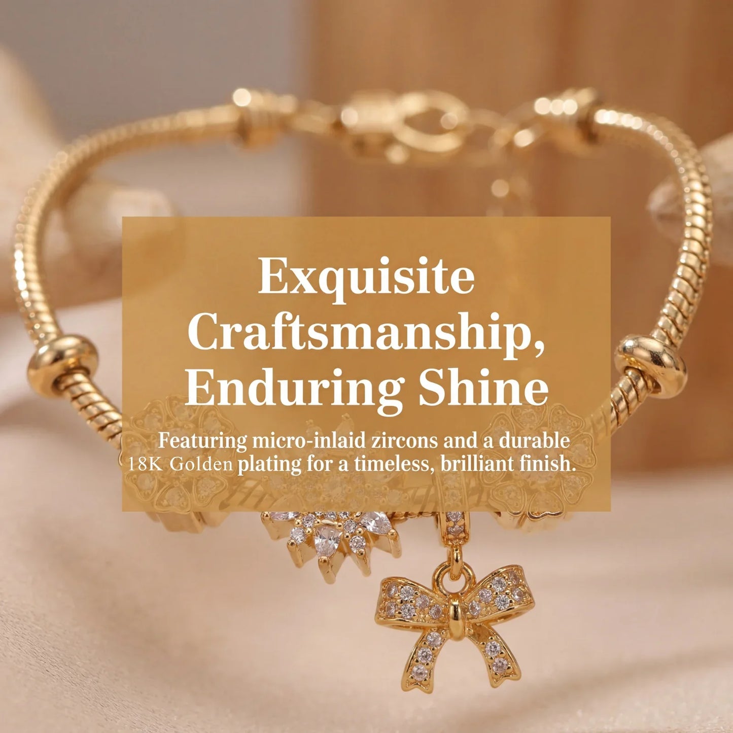Gold bracelet with micro-inlaid zircon charms and bow pendant, elegant jewelry design
