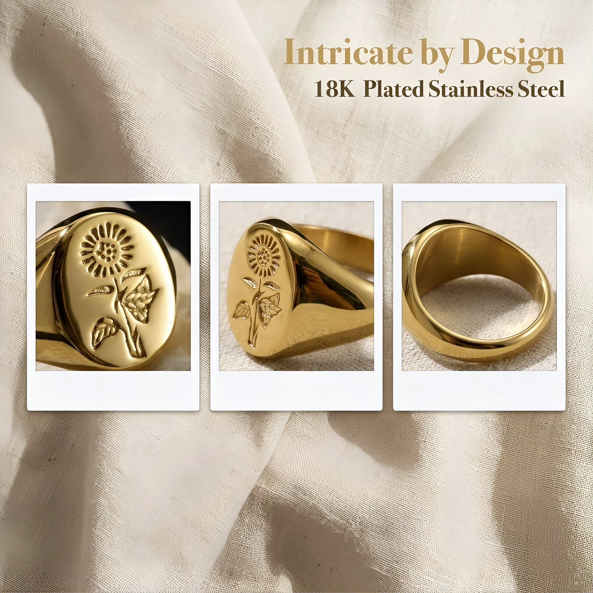 18K gold plated stainless steel signet ring with engraved flower design, elegant minimalist jewelry