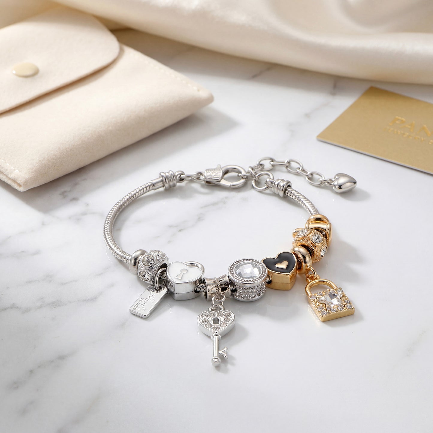 LNCHRAN Two-Tone Charm Bracelet with Lock Key & Heart Synthetic Zircon Beads