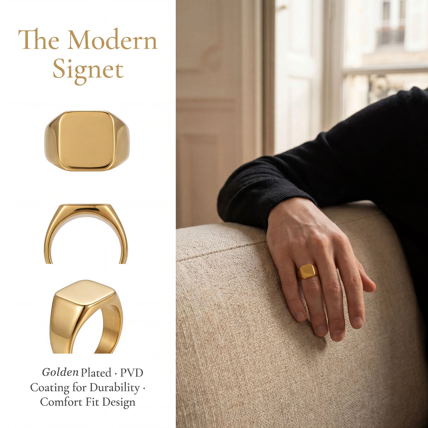 Modern gold plated signet ring with comfort fit, shown on hand and from multiple angles indoors.