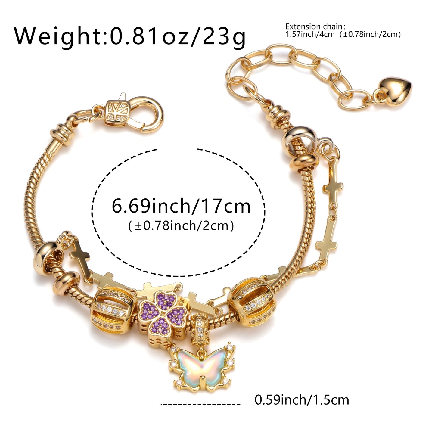 LNCHRAN Golden Plated Butterfly & Clover Charm Bracelet with Cross Chain & Zircon