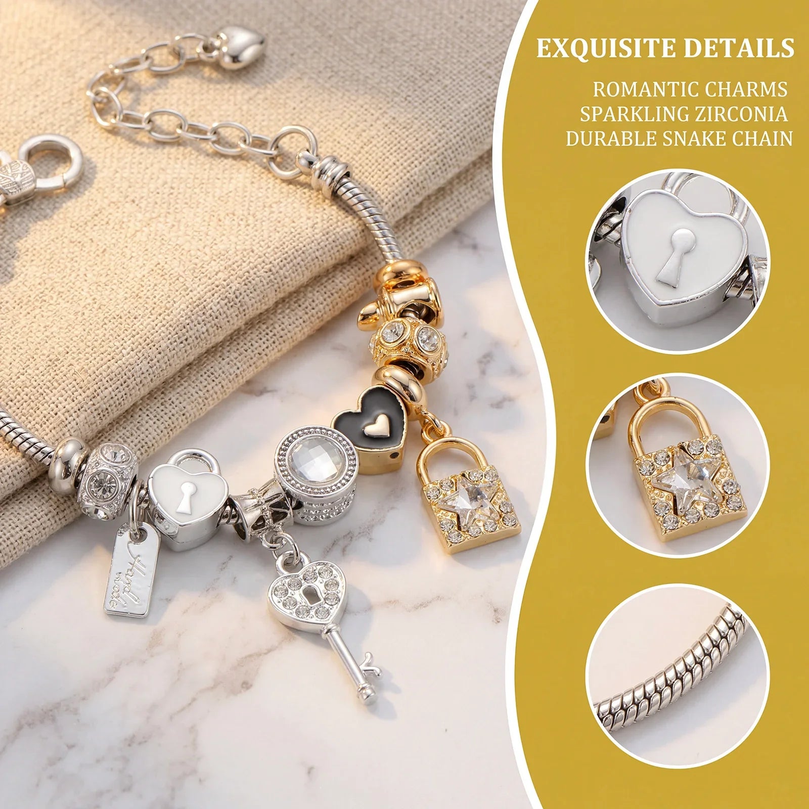 Elegant snake chain bracelet with heart, lock, and key zirconia charms on marble background