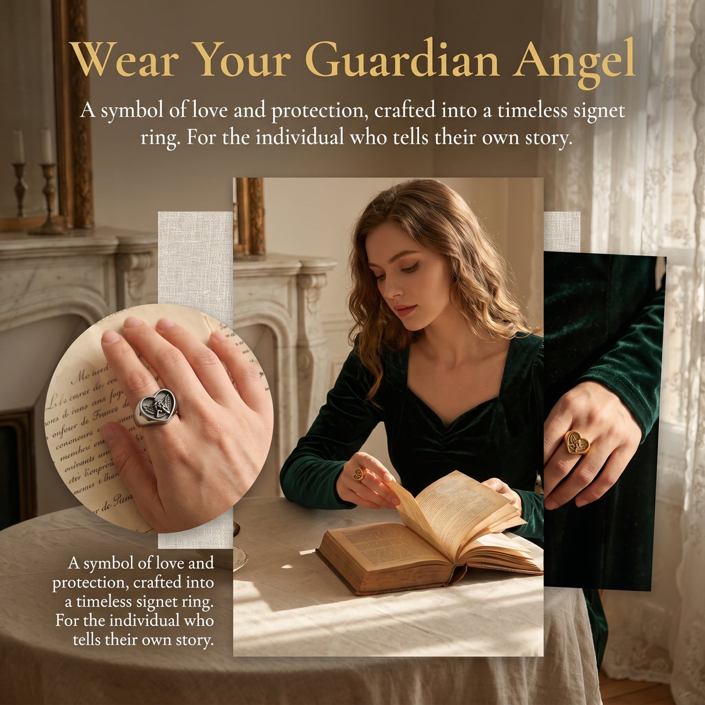 LNCHRAN Golden Plated Angel Heart Signet Ring Unisex Vintage Statement Jewelry