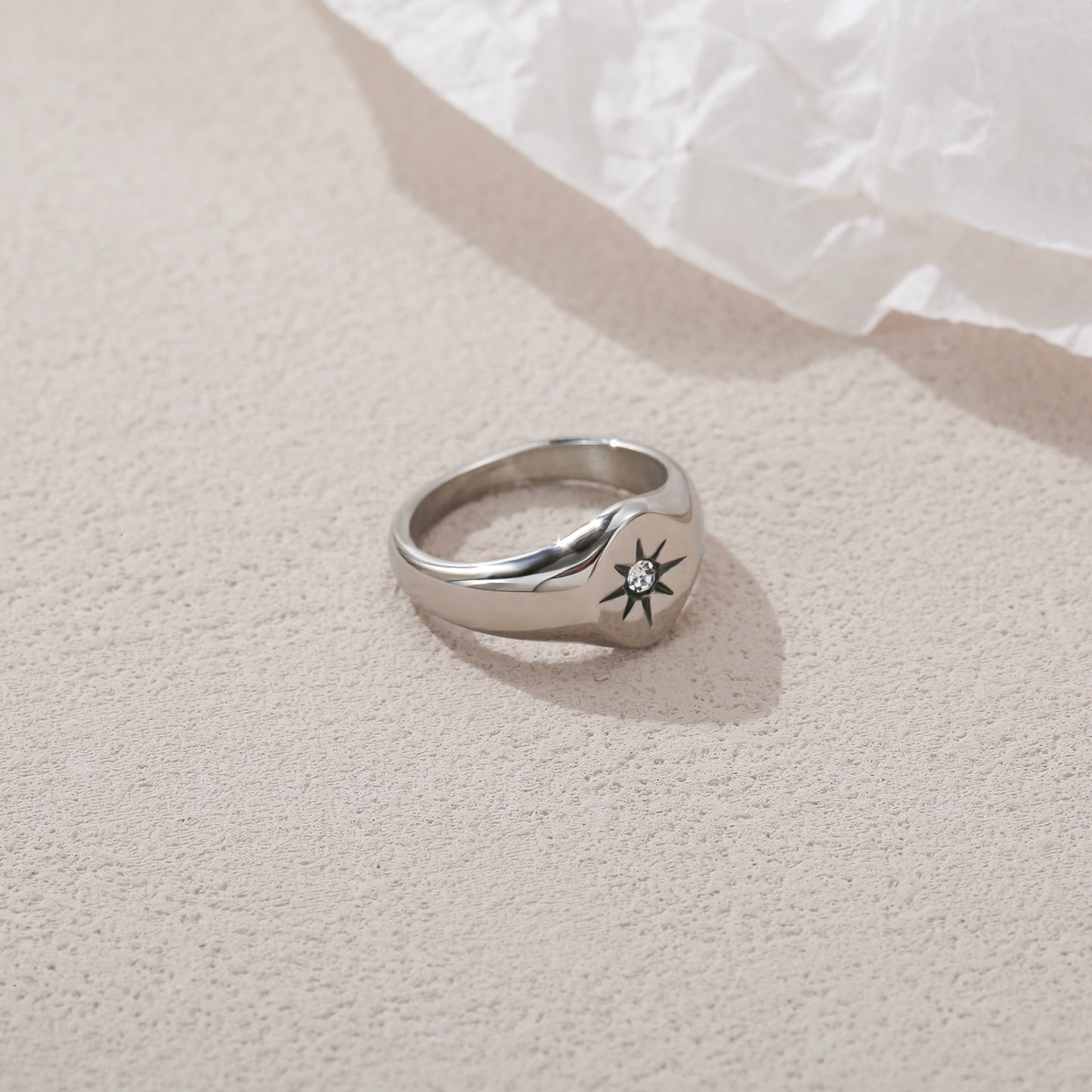 LNCHRAN Stainless Steel North Star Signet Ring with Synthetic Zircon Inlay